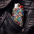 Rainbow rhinestone-style lighter case shown in a black pocket close-up