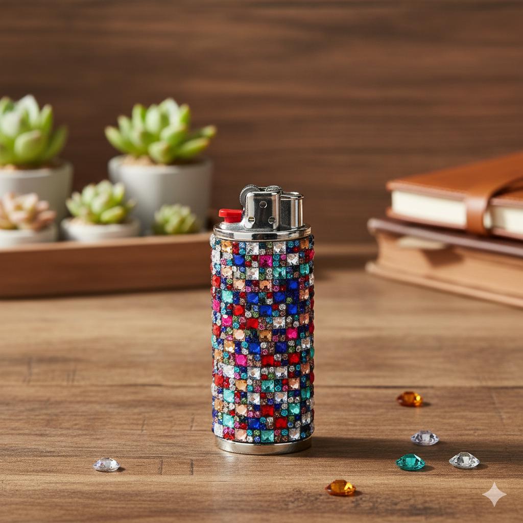 Rainbow rhinestone-style lighter case displayed upright