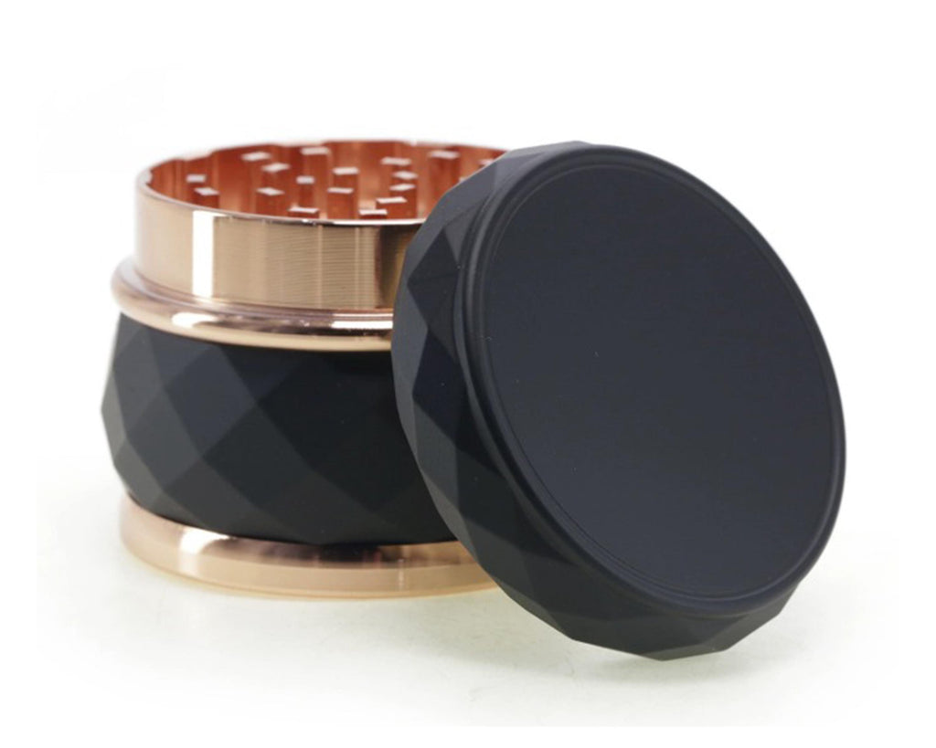Faceted Rose Gold Trim Herb Grinder - black open product view