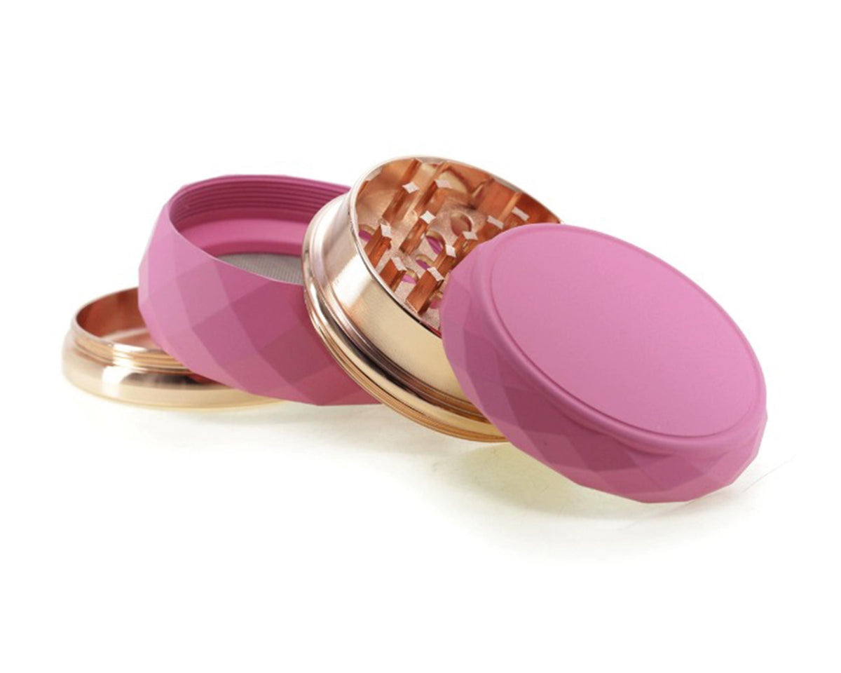 Faceted Rose Gold Trim Herb Grinder - pink open product view