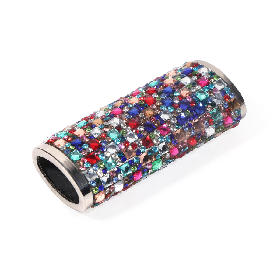 Angled view of rainbow rhinestone-style lighter case