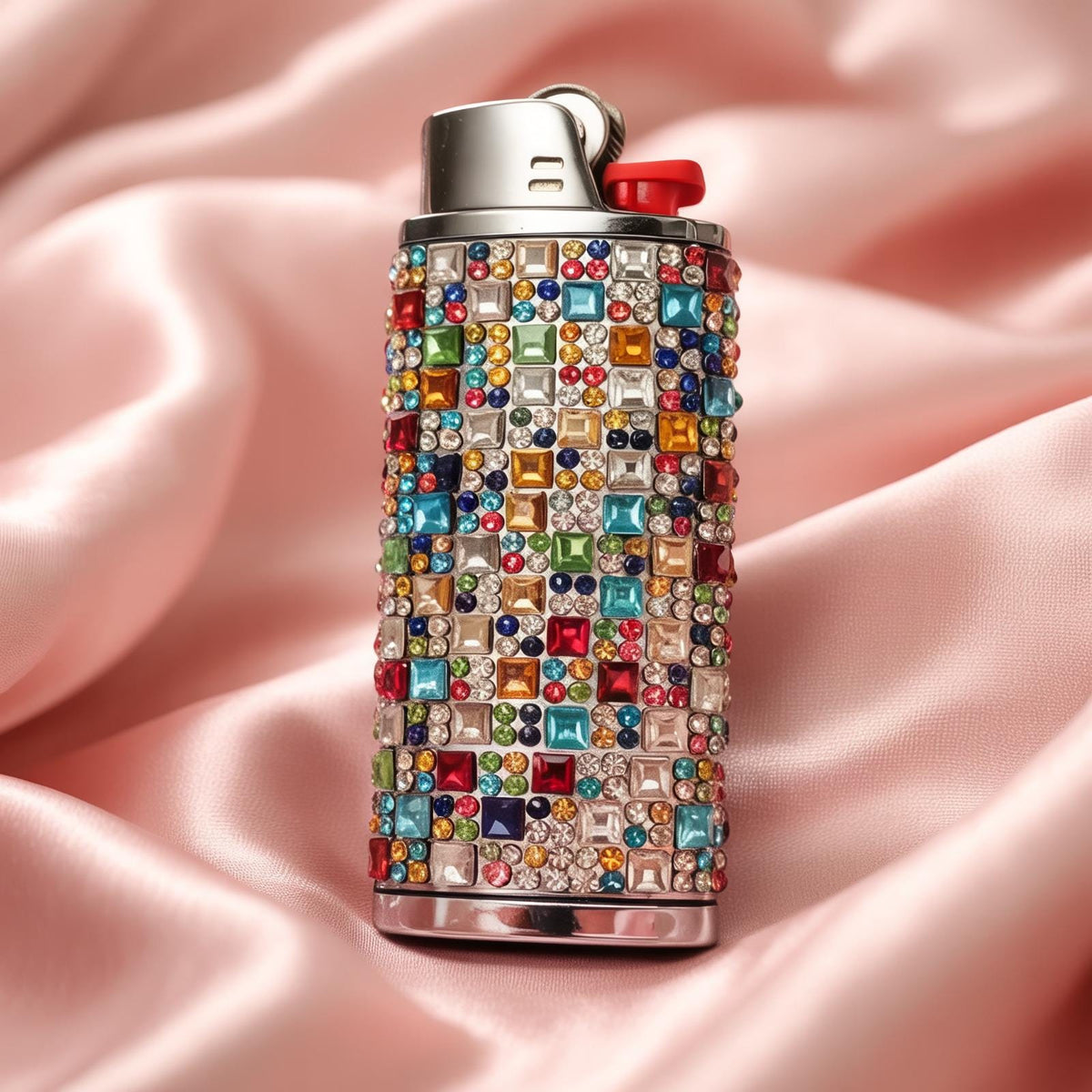 Rainbow rhinestone-style lighter case on pink fabric