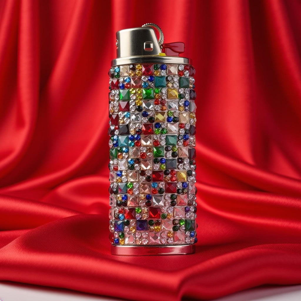 Rainbow rhinestone-style lighter case on red fabric