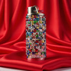 Rainbow rhinestone-style lighter case on red fabric