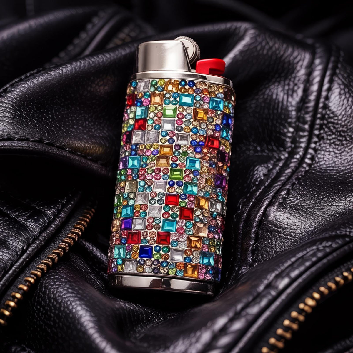 Rainbow rhinestone-style lighter case shown in a black pocket