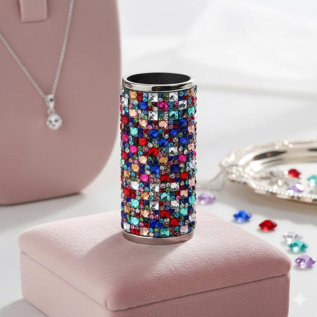 Rainbow rhinestone-style lighter case alone on a display stand