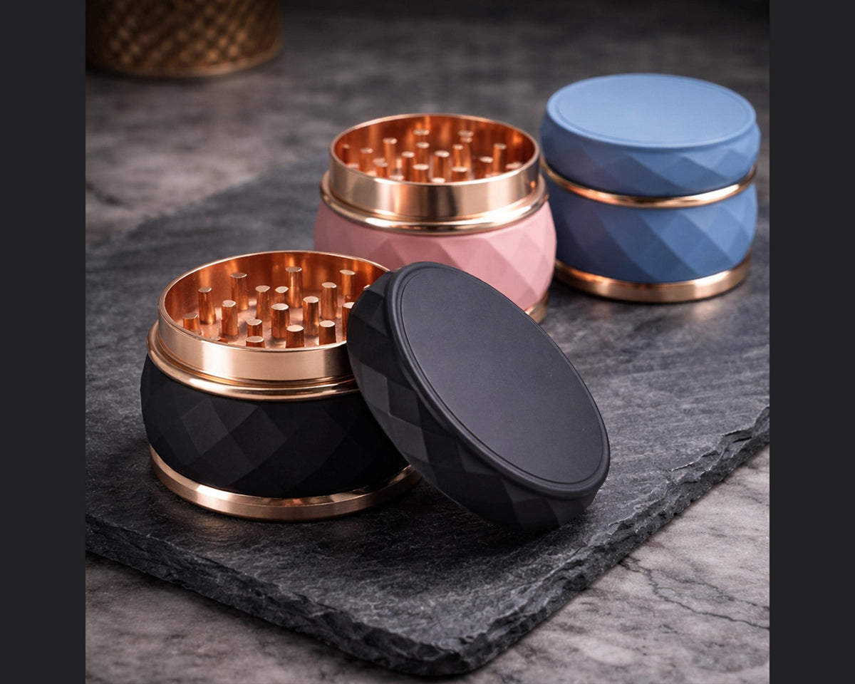 Faceted Rose Gold Trim Herb Grinder - black blue and pink staged group
