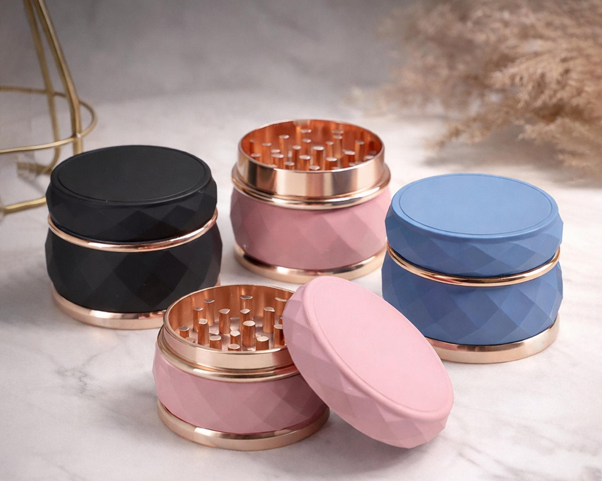 Faceted Rose Gold Trim Herb Grinder - three-color front group
