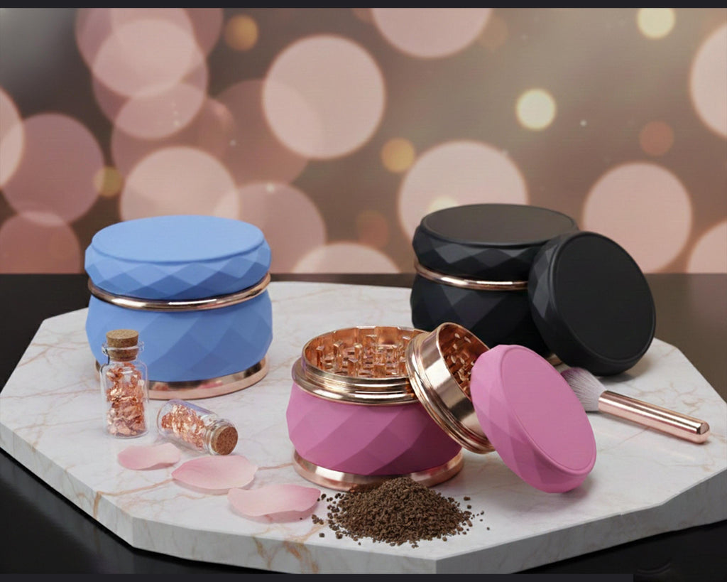 Faceted Rose Gold Trim Herb Grinder - three-color open group view
