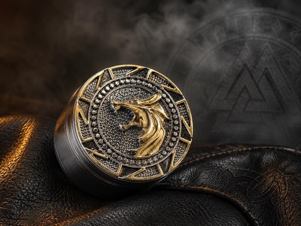 Nordic Wolf Medallion Herb Grinder - medallion close-up