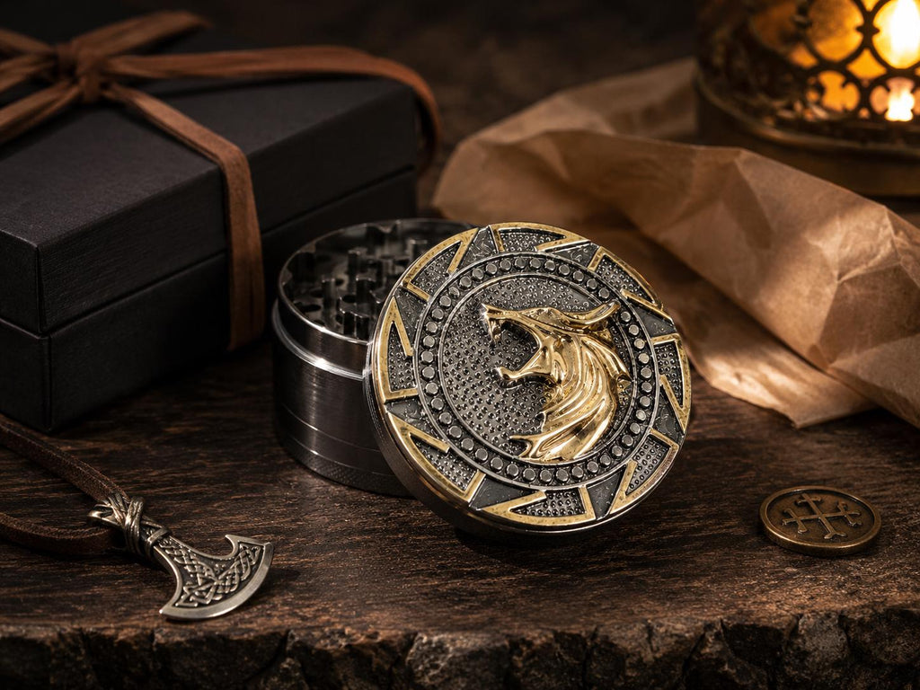Nordic Wolf Medallion Herb Grinder - staged front view