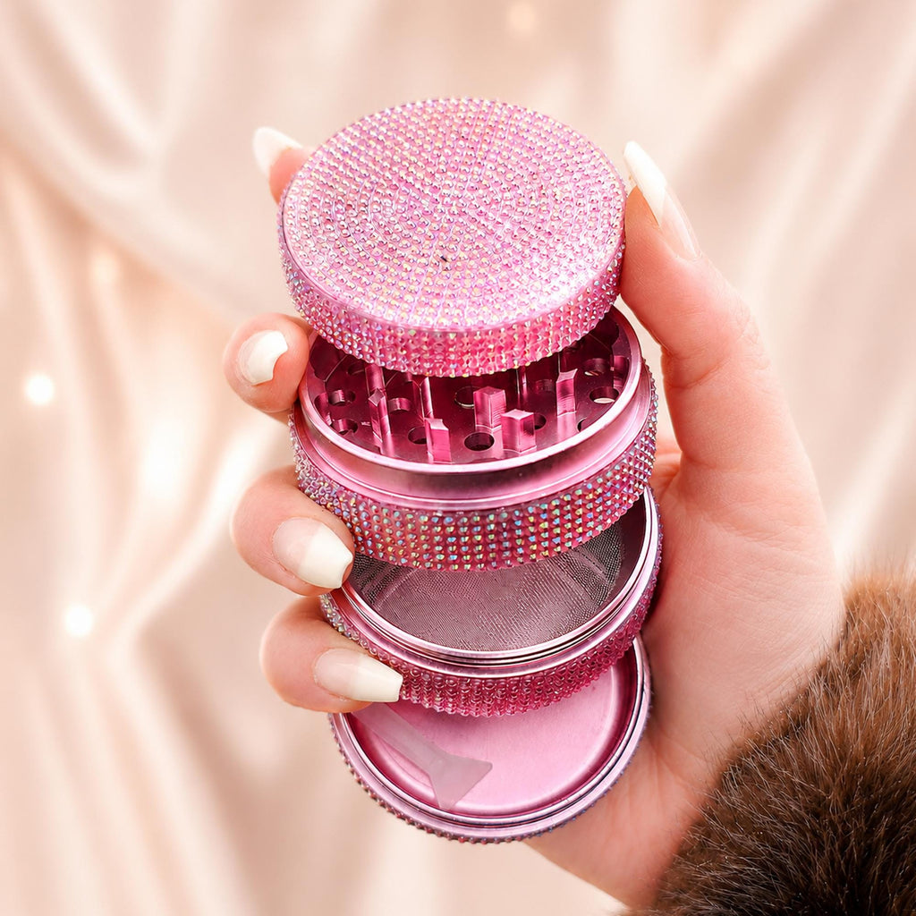 Pink Rhinestone Herb Grinder - open handheld view