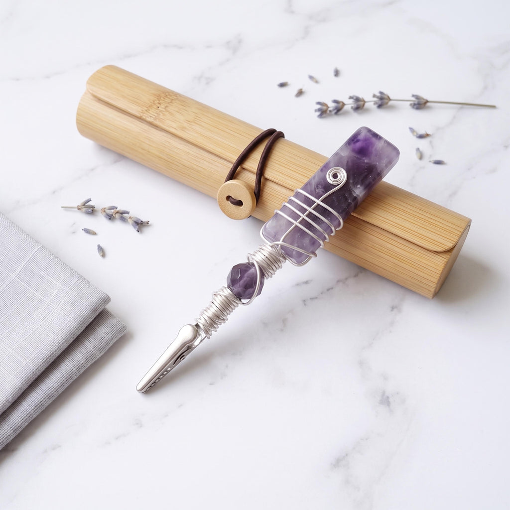 Purple beaded wand cigarette holder with a bamboo case