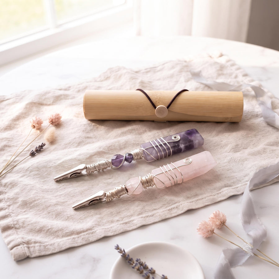 Pink and purple beaded wand cigarette holders with bamboo cases