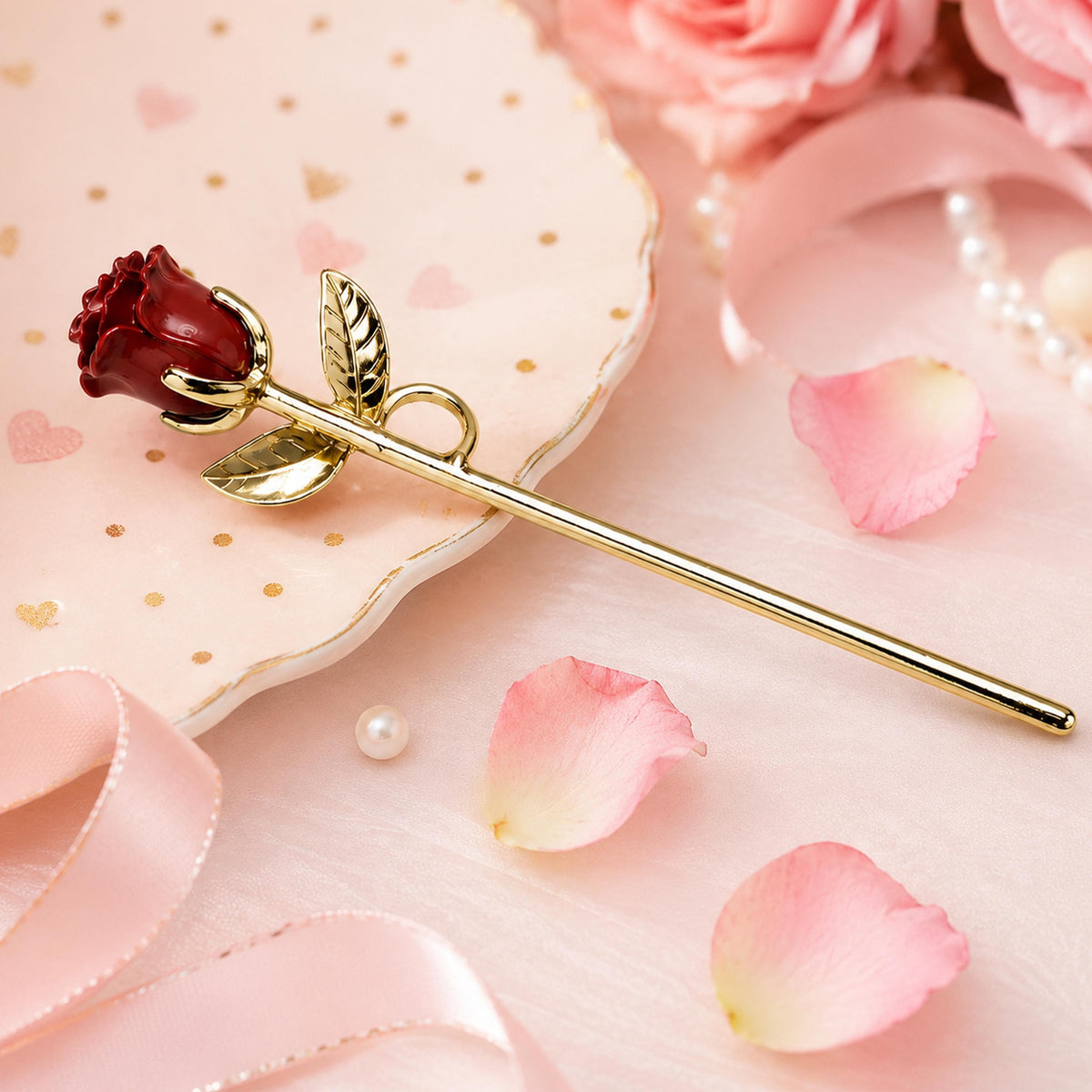 Gold-tone rose cigarette holder with red rose decoration