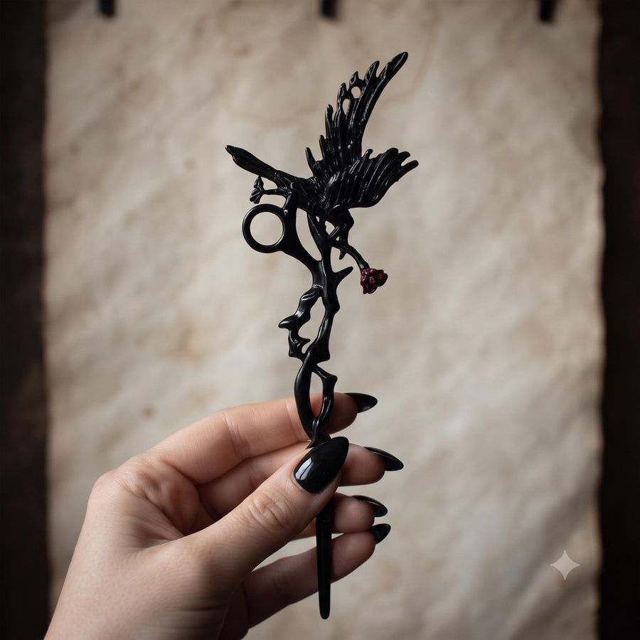 Black gothic raven cigarette holder shown in hand