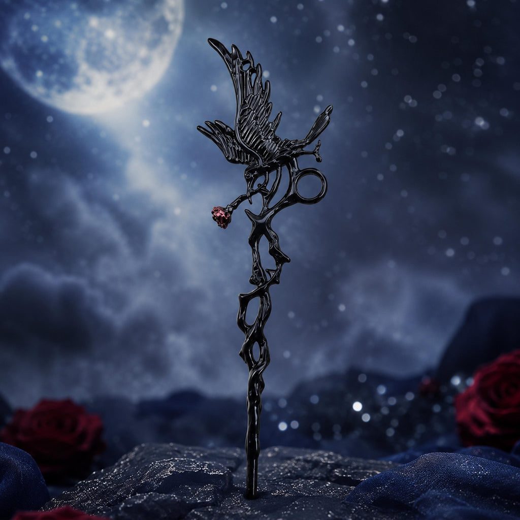 Black gothic raven cigarette holder on a moonlit display