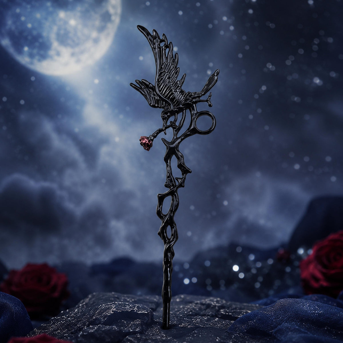 Black gothic raven cigarette holder on a moonlit display