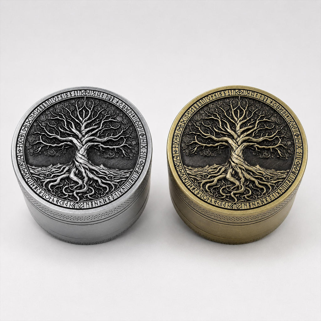 Antique Tree of Life Herb Grinder - silver and brass group view
