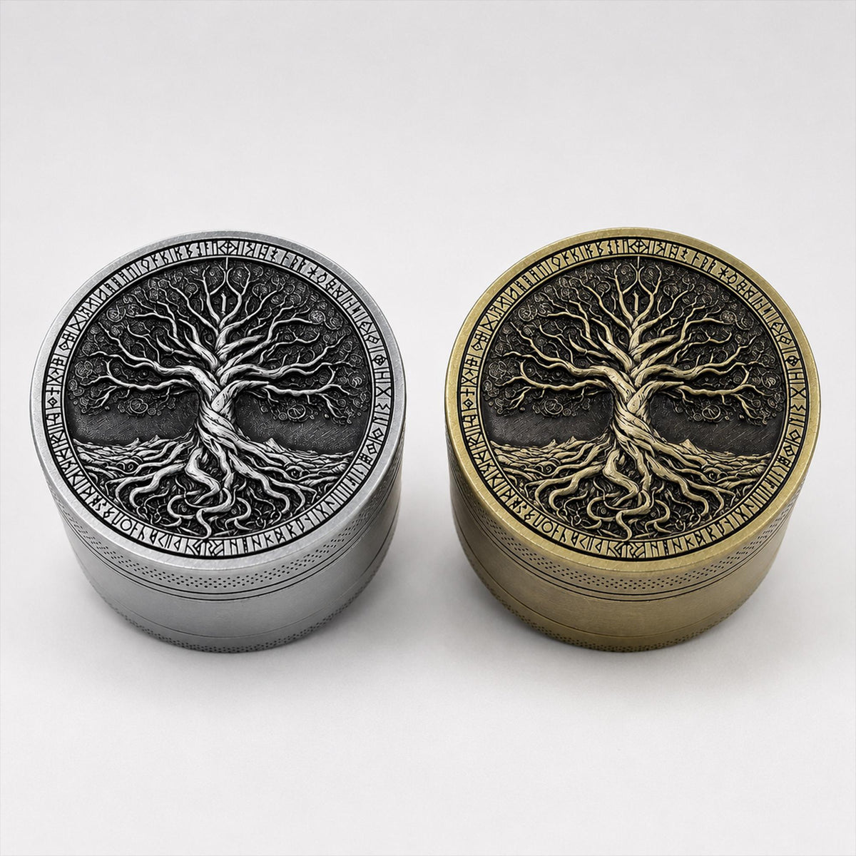 Antique Tree of Life Herb Grinder - silver and brass group view