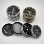 Antique Tree of Life Herb Grinder - silver and brass open group view