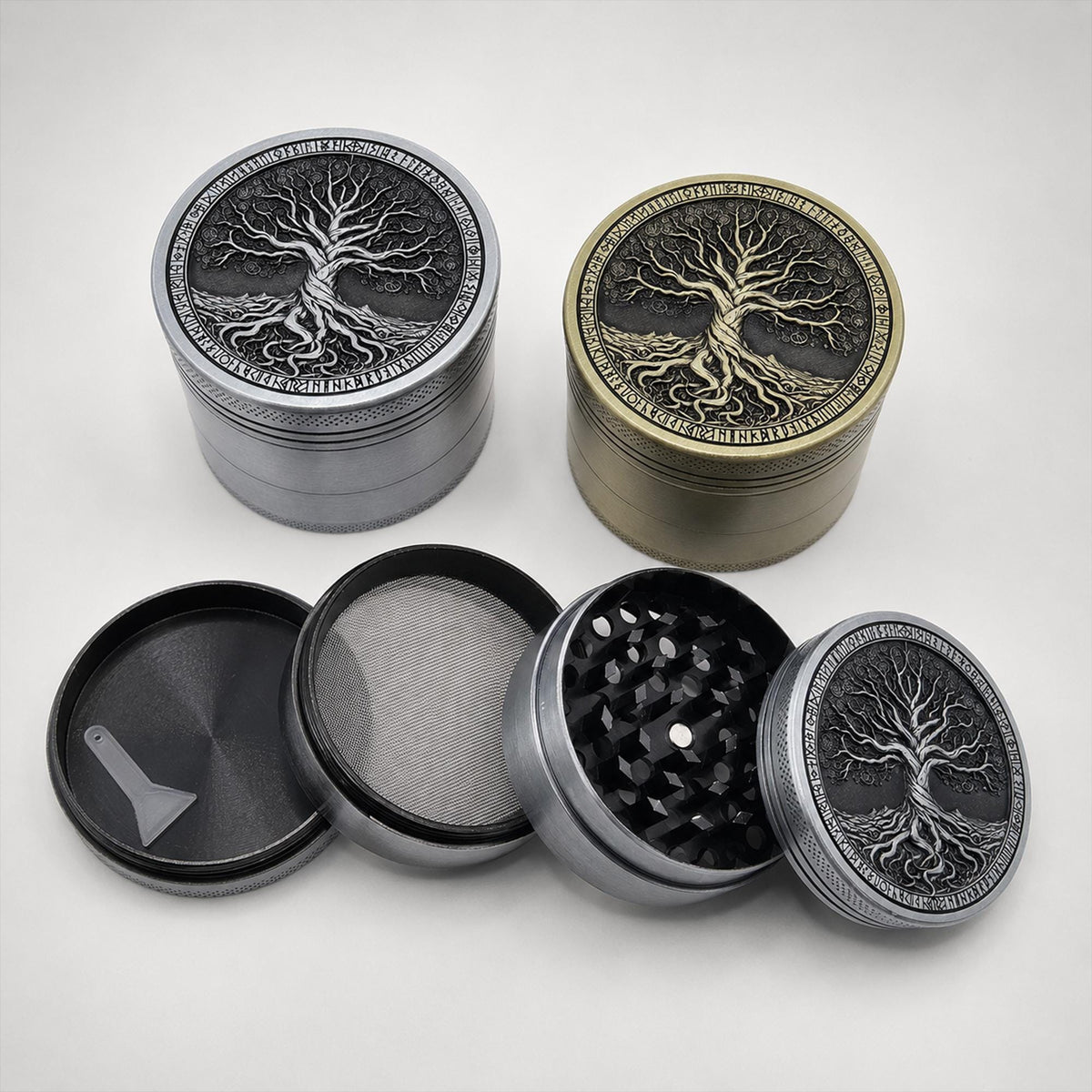 Antique Tree of Life Herb Grinder - silver and brass open group view