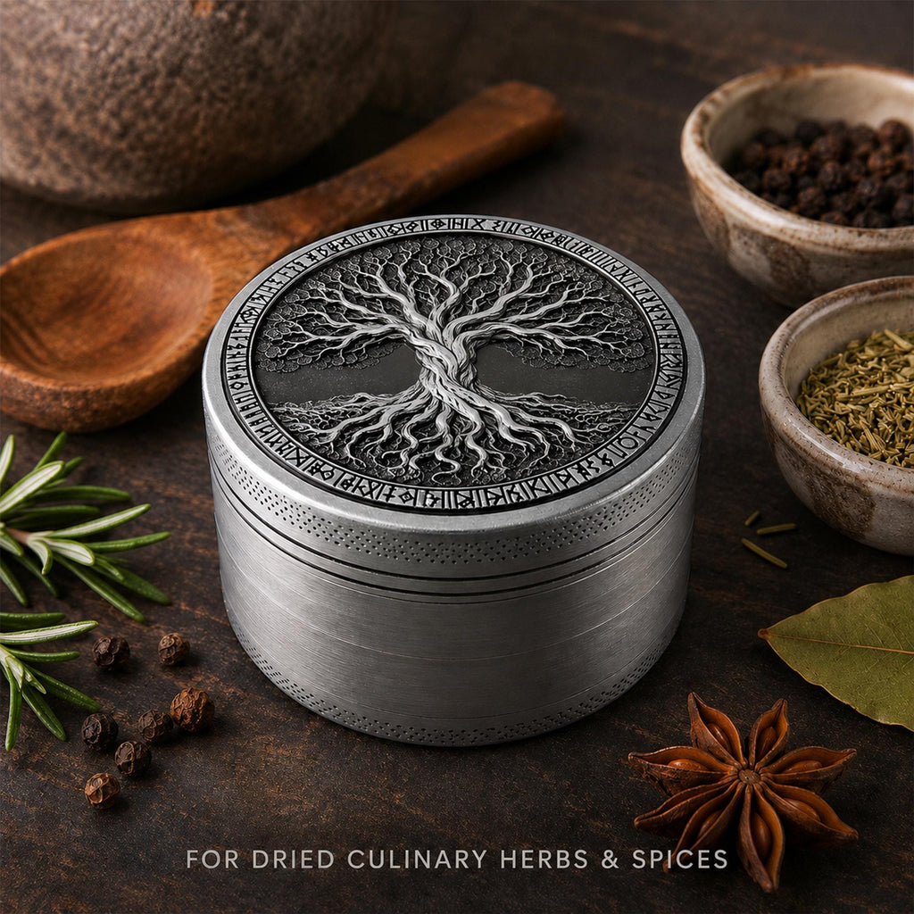 Antique Tree of Life Herb Grinder - antique silver staged view