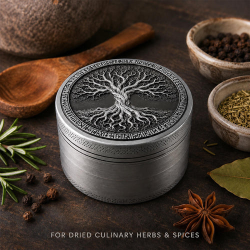 Antique Tree of Life Herb Grinder - antique silver staged view