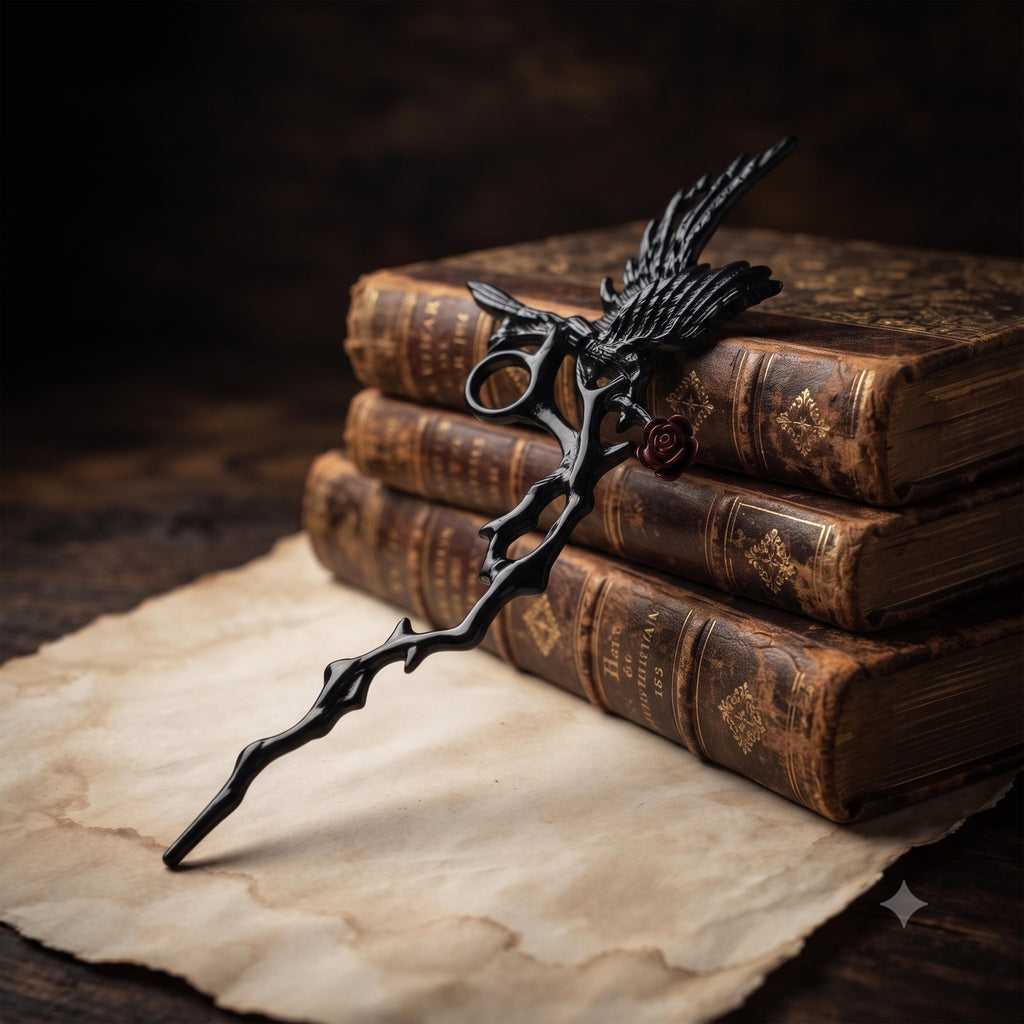 Black gothic raven cigarette holder displayed beside books