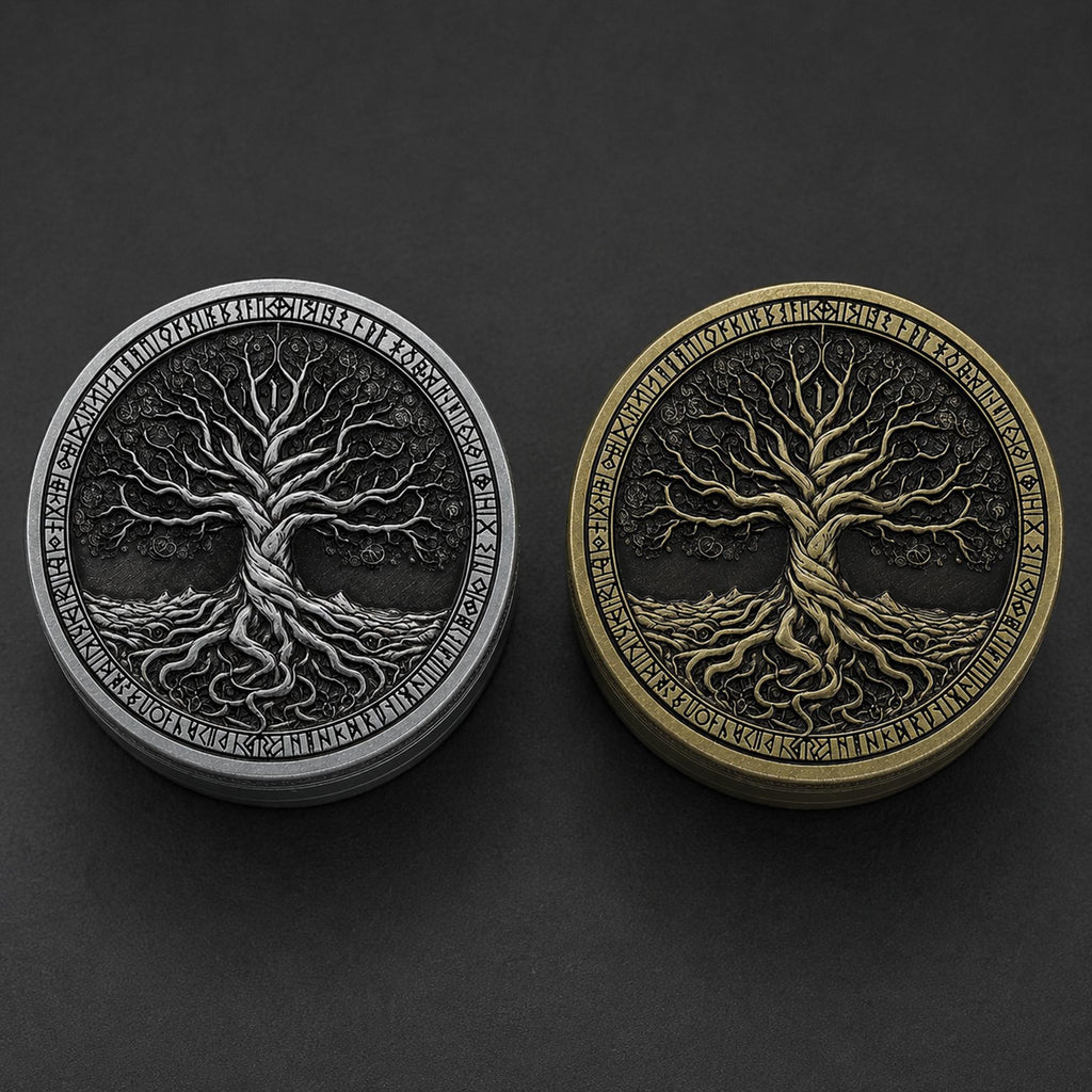Antique Tree of Life Herb Grinder - silver and brass closed front view