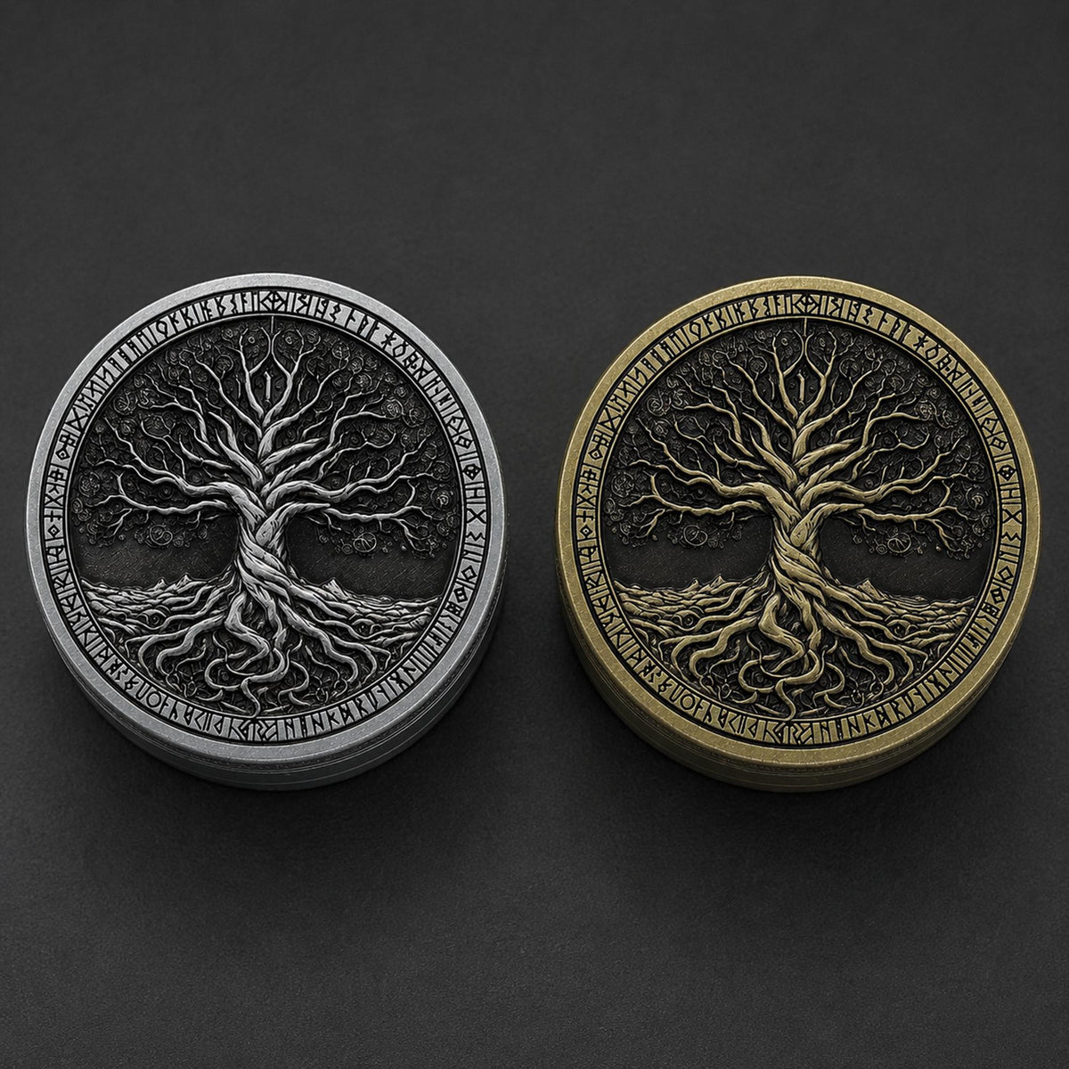 Antique Tree of Life Herb Grinder - silver and brass closed front view