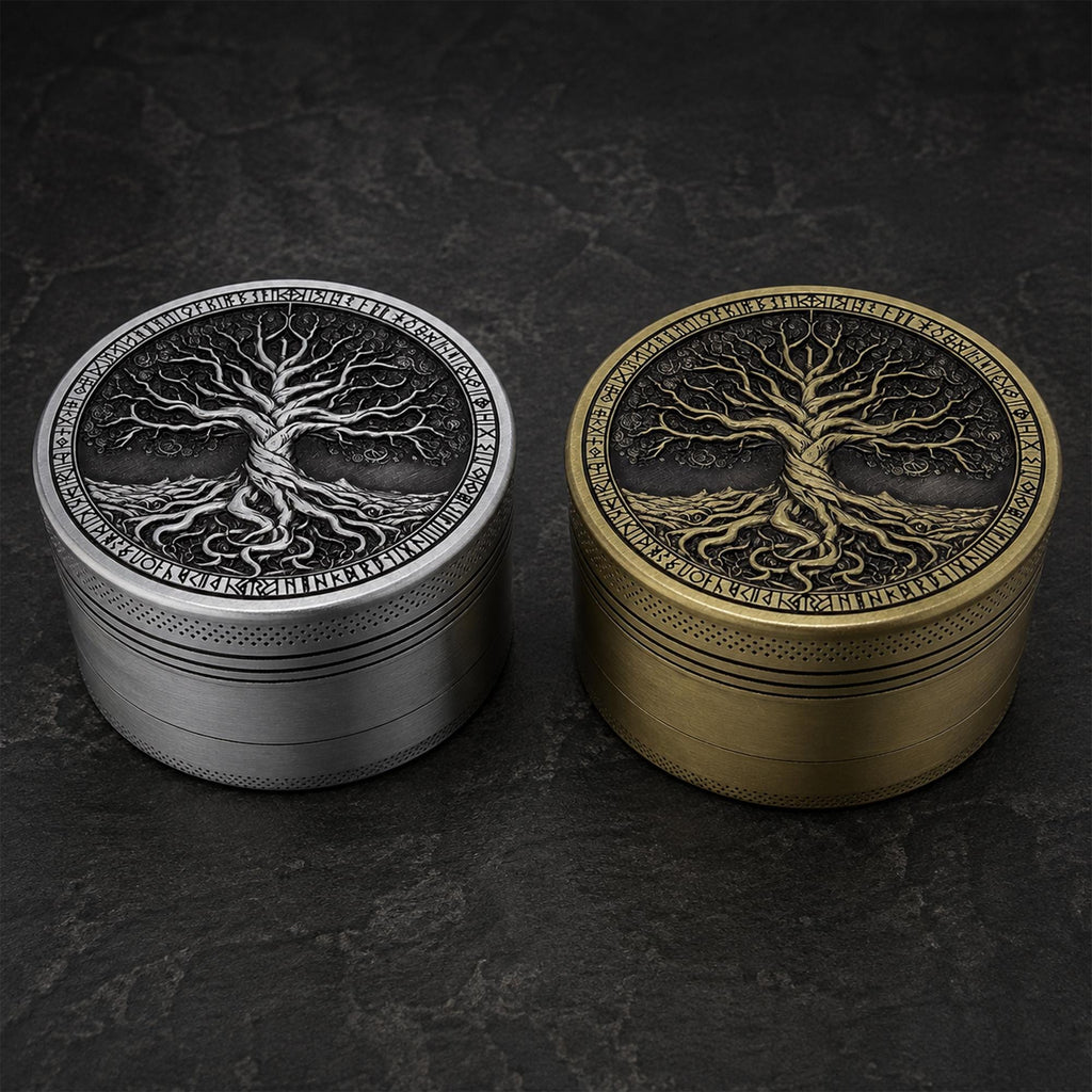 Antique Tree of Life Herb Grinder - silver and brass angled view