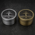 Antique Tree of Life Herb Grinder - silver and brass angled view