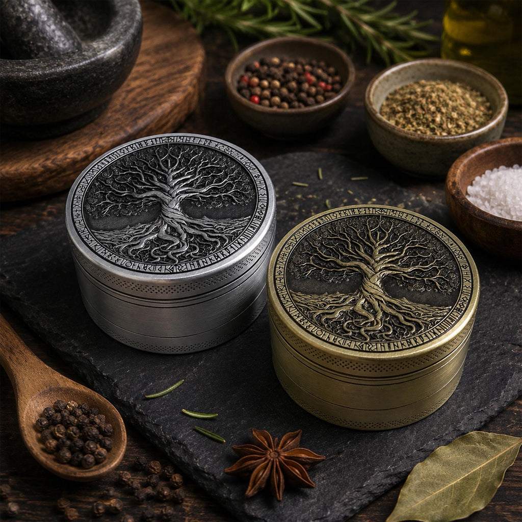 Antique Tree of Life Herb Grinder - silver and brass staged view