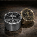 Antique Tree of Life Herb Grinder - silver and brass close-up
