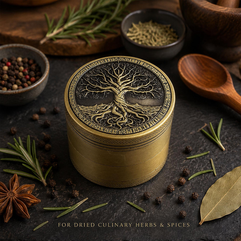 Antique Tree of Life Herb Grinder - antique brass staged view
