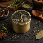 Antique Tree of Life Herb Grinder - antique brass staged view
