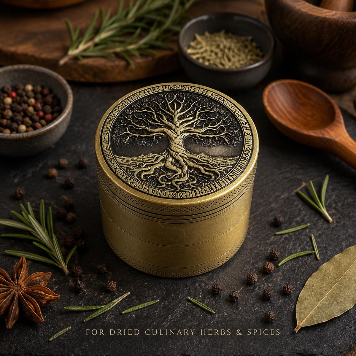 Antique Tree of Life Herb Grinder - antique brass staged view