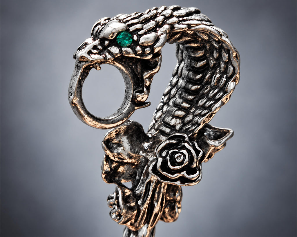 Green-eye silver-tone snake cigarette holder close-up
