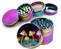 Bright mushroom design on rainbow herb grinder, open product view