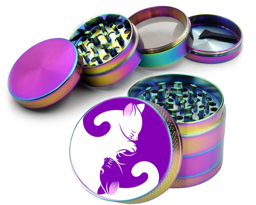Rainbow Yin Yang Cats herb grinder, open and closed views