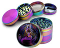 Neon mermaid design on rainbow herb grinder, open product view