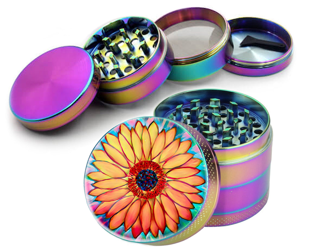 Orange sunflower design on rainbow herb grinder, open product view