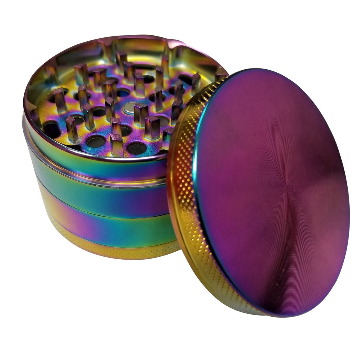 Open rainbow herb grinder with teeth visible, Sunflower product gallery