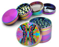 Multicolor butterfly design on rainbow herb grinder, open product view