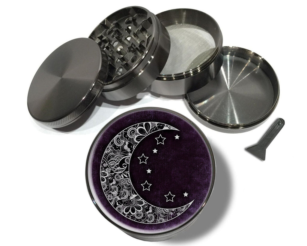 Crescent moon and stars design on dark gray herb grinder, open product view