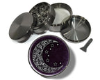 Crescent moon and stars design on dark gray herb grinder, open product view