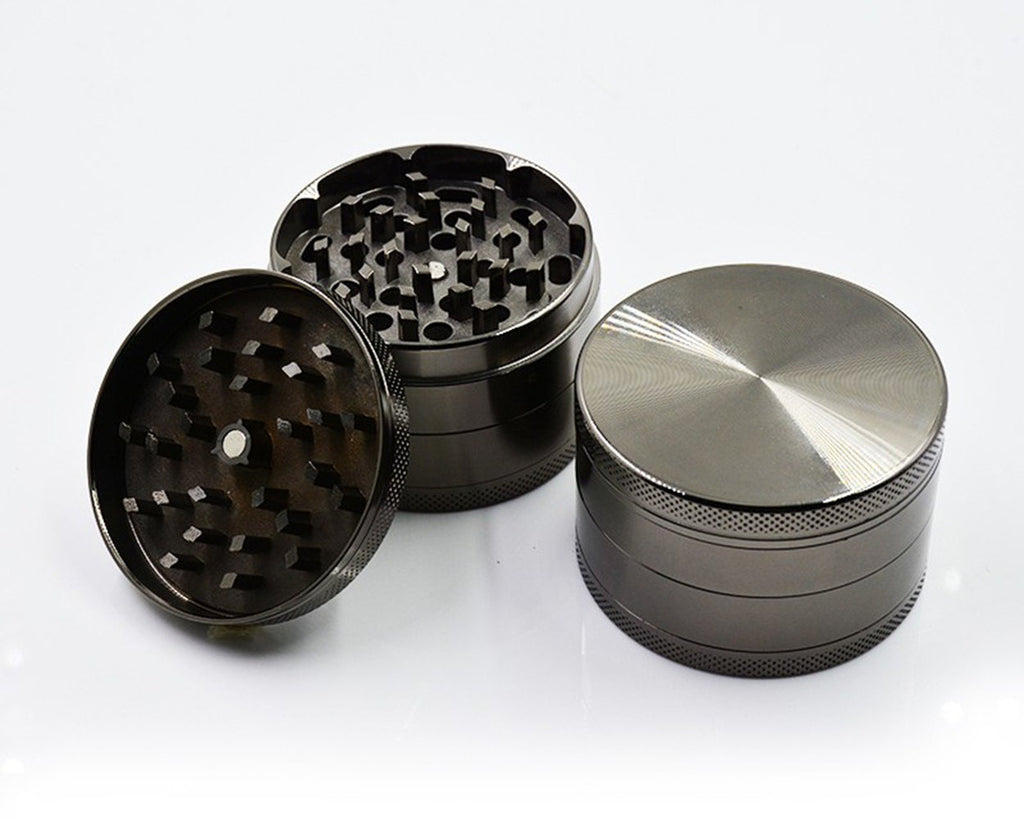 Dark gray herb grinder shown open and closed, Crescent Moon and Stars gallery