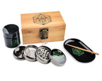 Grinder Stash Box Set - Includes XL Spice Grinder, UV Protective Smellproof Glass Jar, Bamboo Storage Box w/ Lock, Rolling Tray, Poker