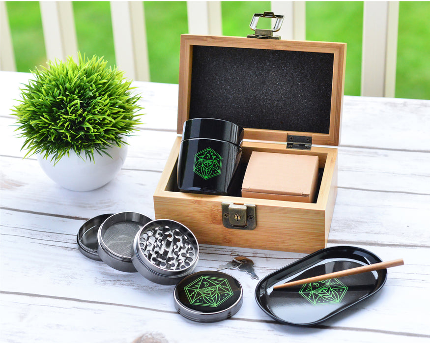Grinder Stash Box Set - Includes XL Spice Grinder, UV Protective Smellproof Glass Jar, Bamboo Storage Box w/ Lock, Rolling Tray, Poker